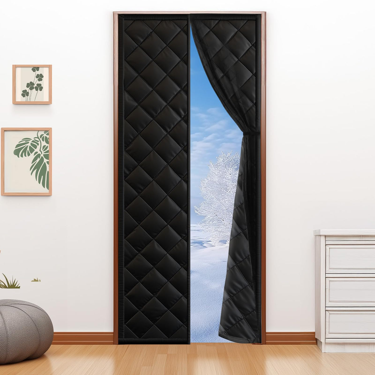 Homealexa magnetic thermal door curtain shown closed to seal drafts