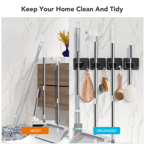 4-pack stainless steel mop broom organizer keeps tools off floor.
