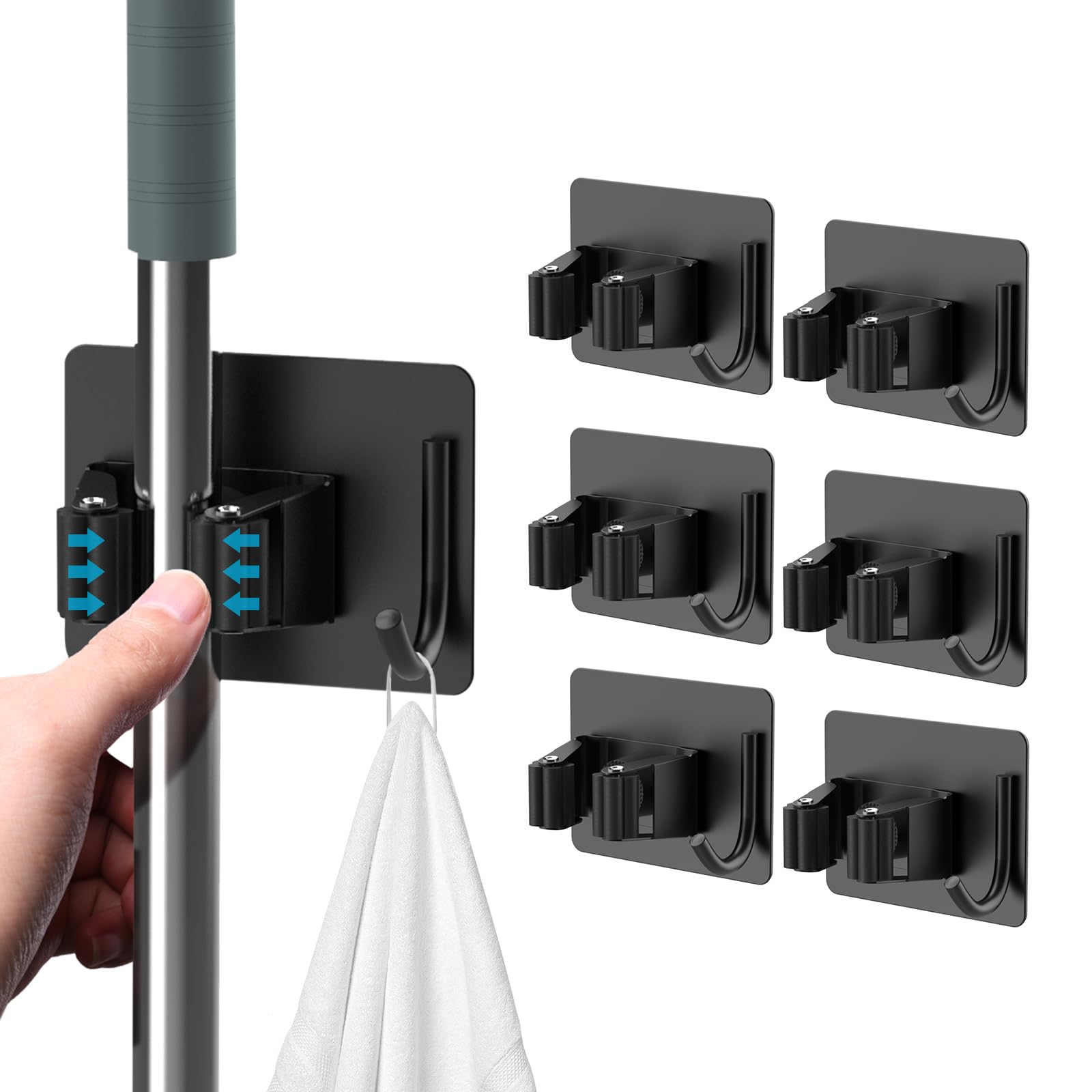 Homeasy mop broom holder with self-adhesive wall mount keeps tools organized.