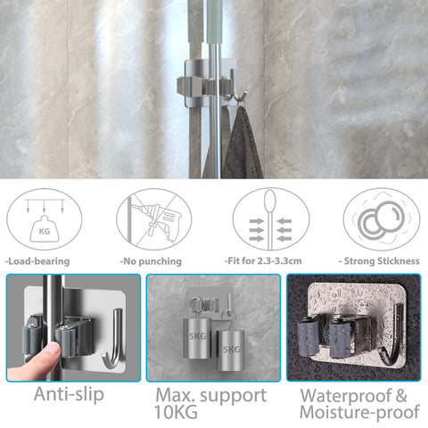 Homeasy mop broom holder with hooks keeps brushes and shovels within reach.