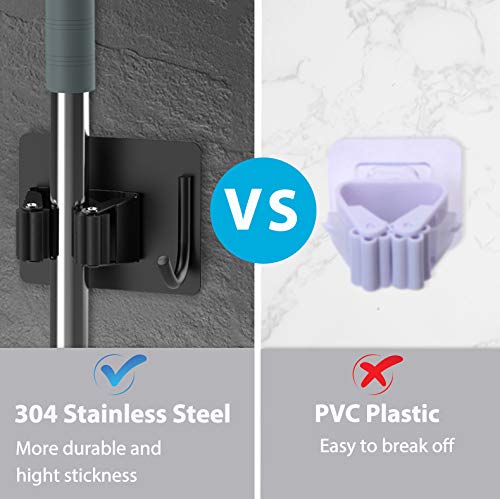 Homeasy Mop Broom Holder shelf and hook provides compact storage for tools.
