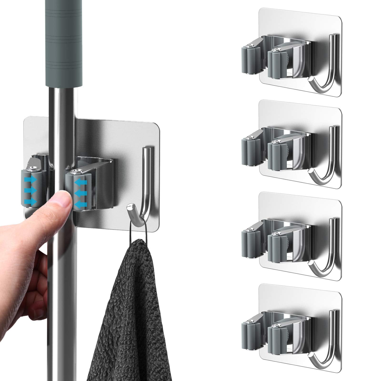 Homeasy mop broom holder on wall with shelf for organized cleaning tools.