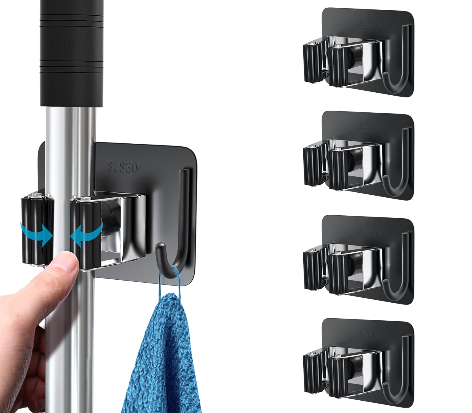 Homeasy mop and broom holder wall mount in stainless steel keeps closets organized and tidy.