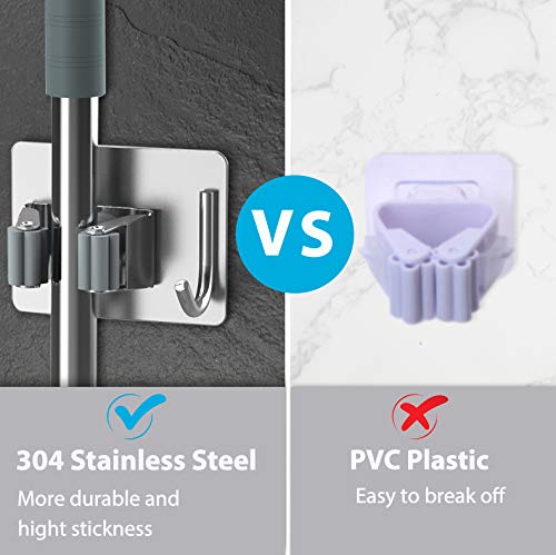 Homeasy self-adhesive mop organizer in stainless steel protects tools from moisture.