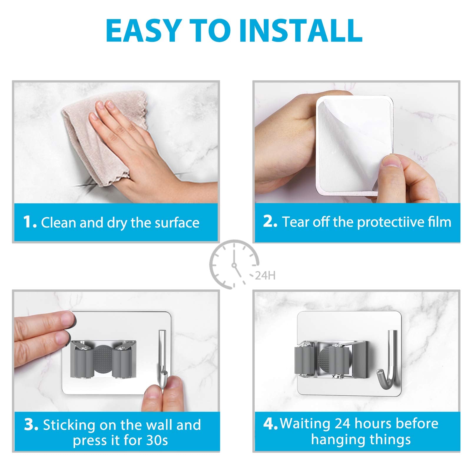 Homeasy stainless steel mop holder supports up to 10 kg.