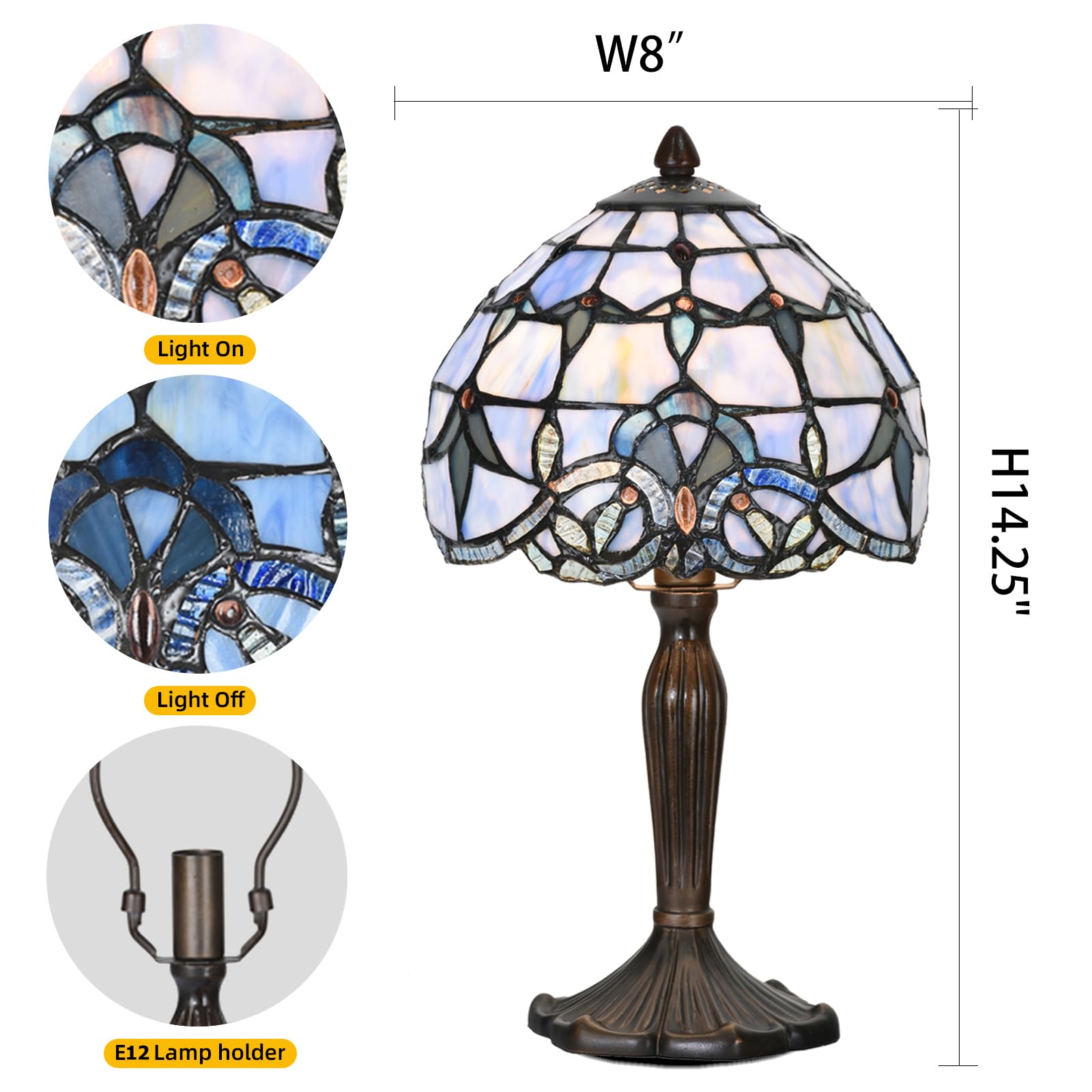 HomeBeauty lamp showing 8-inch shade diameter for compact spaces.
