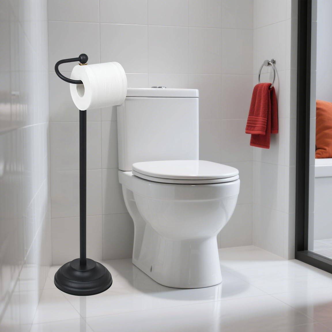 Curved hook design securely holds the toilet paper roll