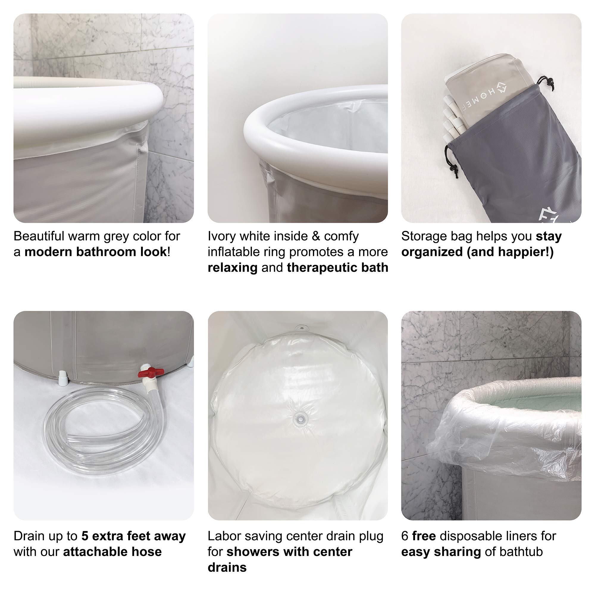 Homefilos Portable Bathtub drain system demonstrates center drain to minimize spills.