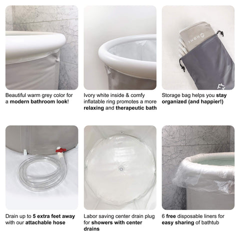 Homefilos Portable Bathtub drain system demonstrates center drain to minimize spills.