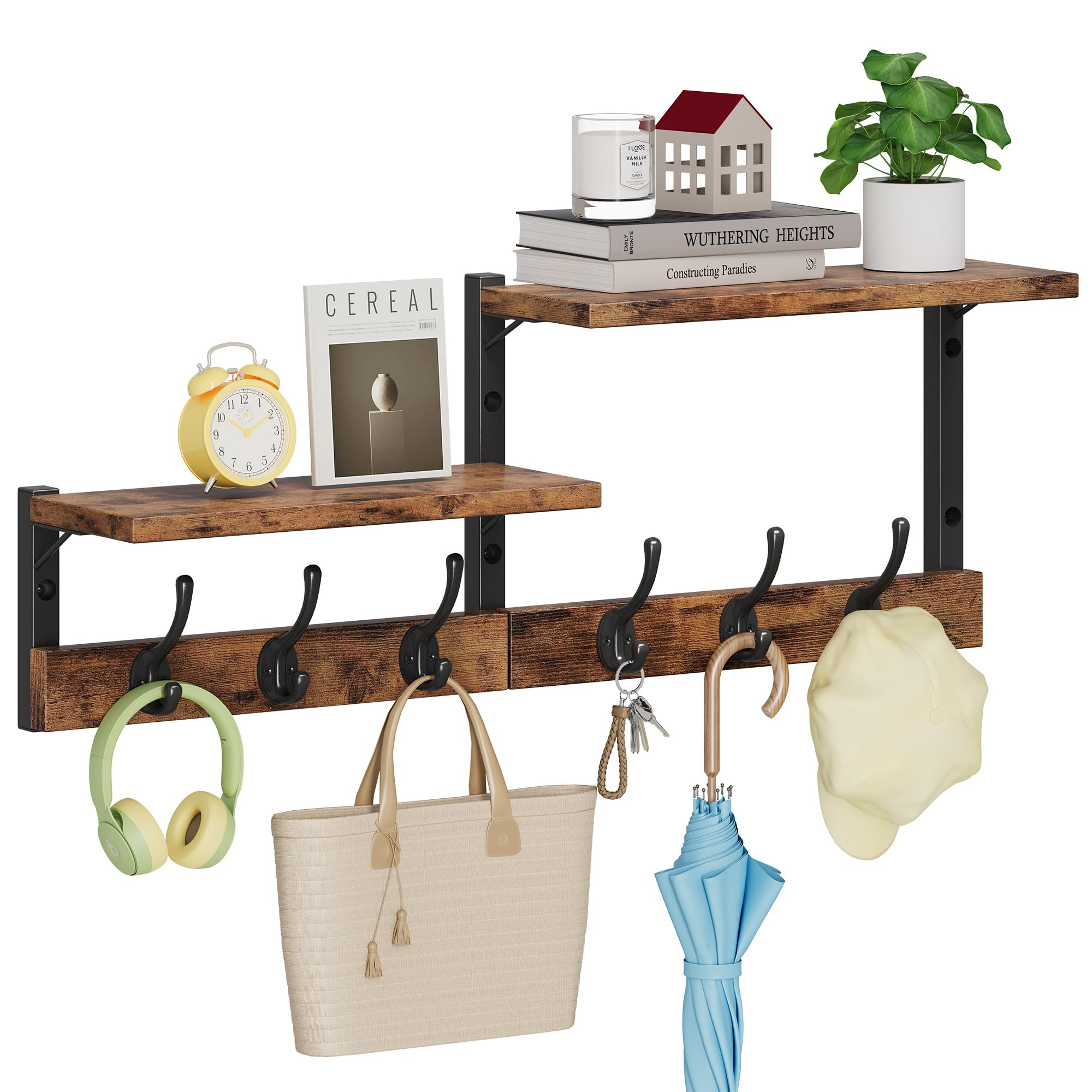 Homeiju coat rack wall mount with shelf and six hooks for organized entryways