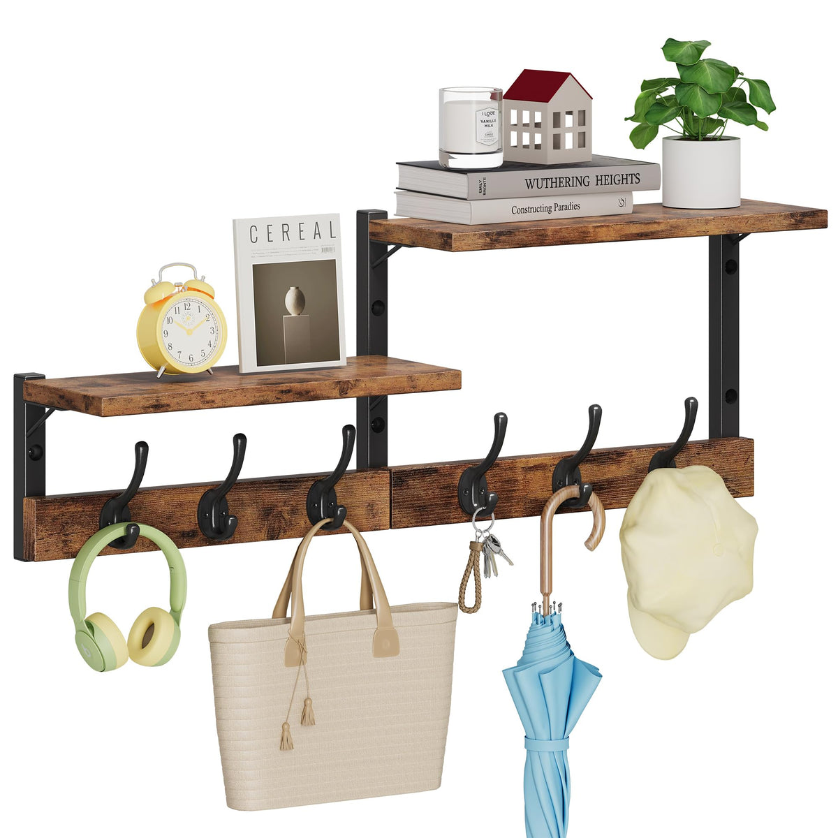 Homeiju coat rack wall mount with shelf and six hooks for organized entryways