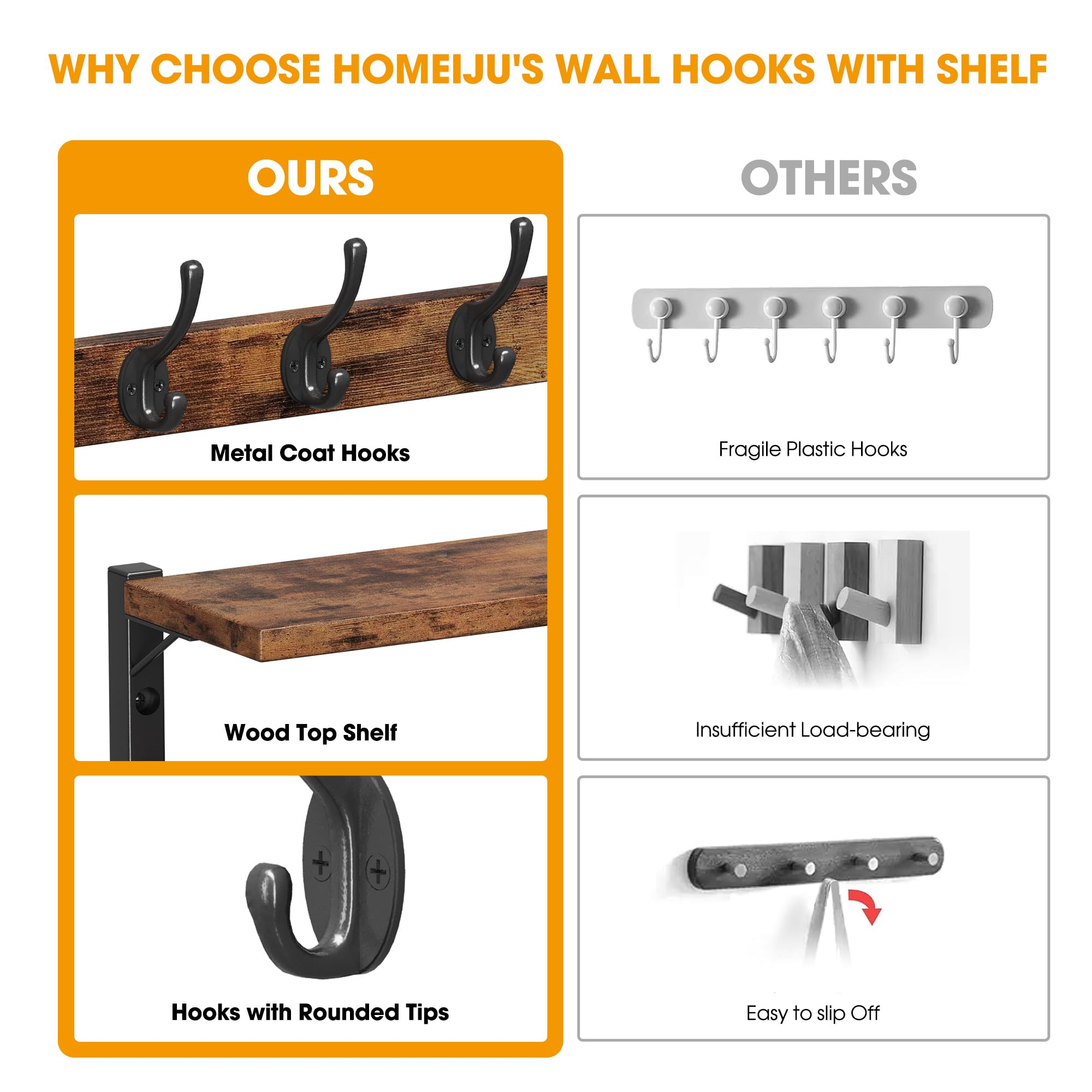 Homeiju durable MDF with wrought iron hooks built to last