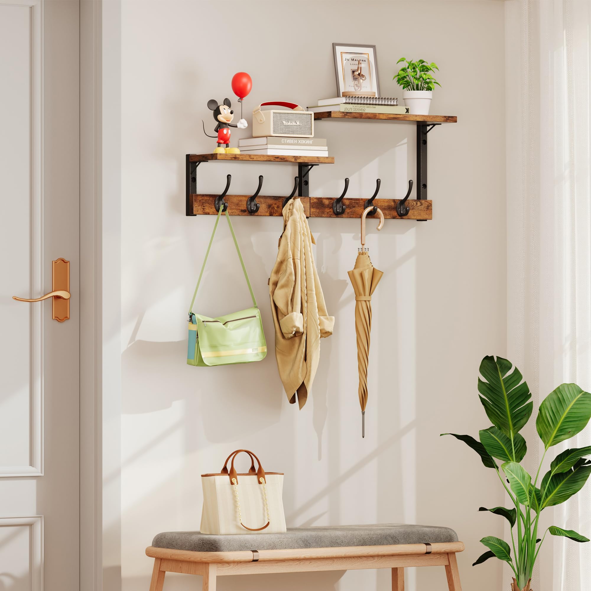 Homeiju rustic brown shelves displaying small decor and plants