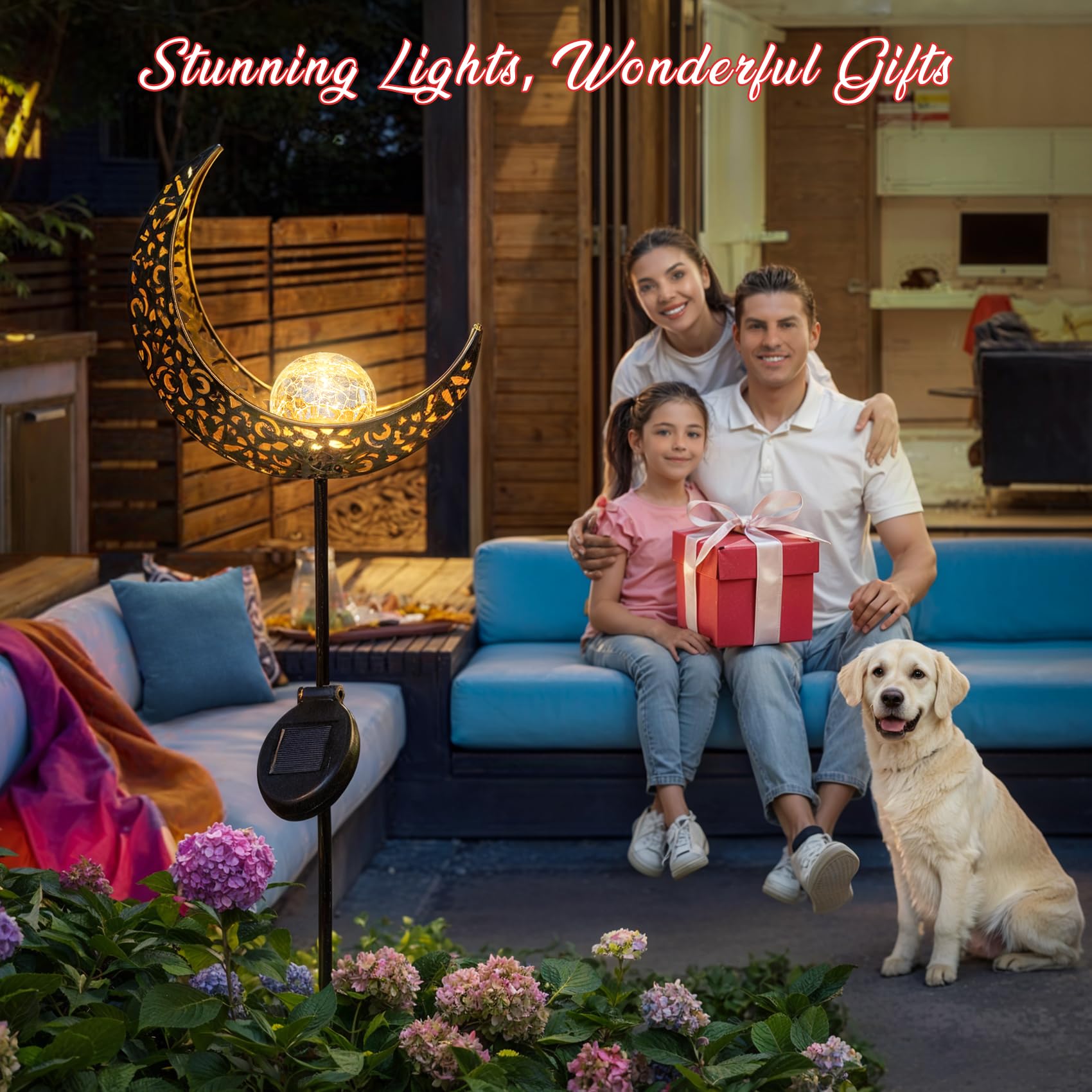Homeimpro crackle glass moon light provides warm white illumination along walkways.