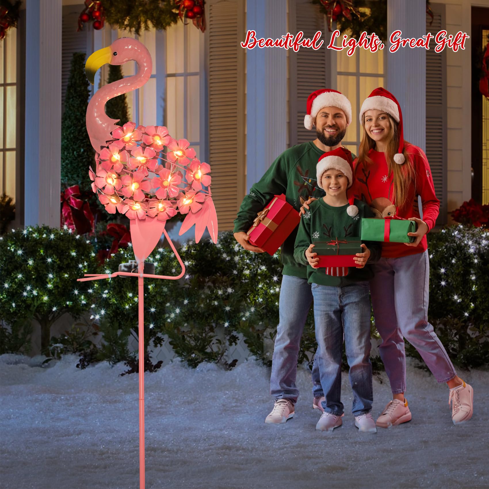 Homeimpro garden solar flamingo LEDs brighten pathways at dusk.