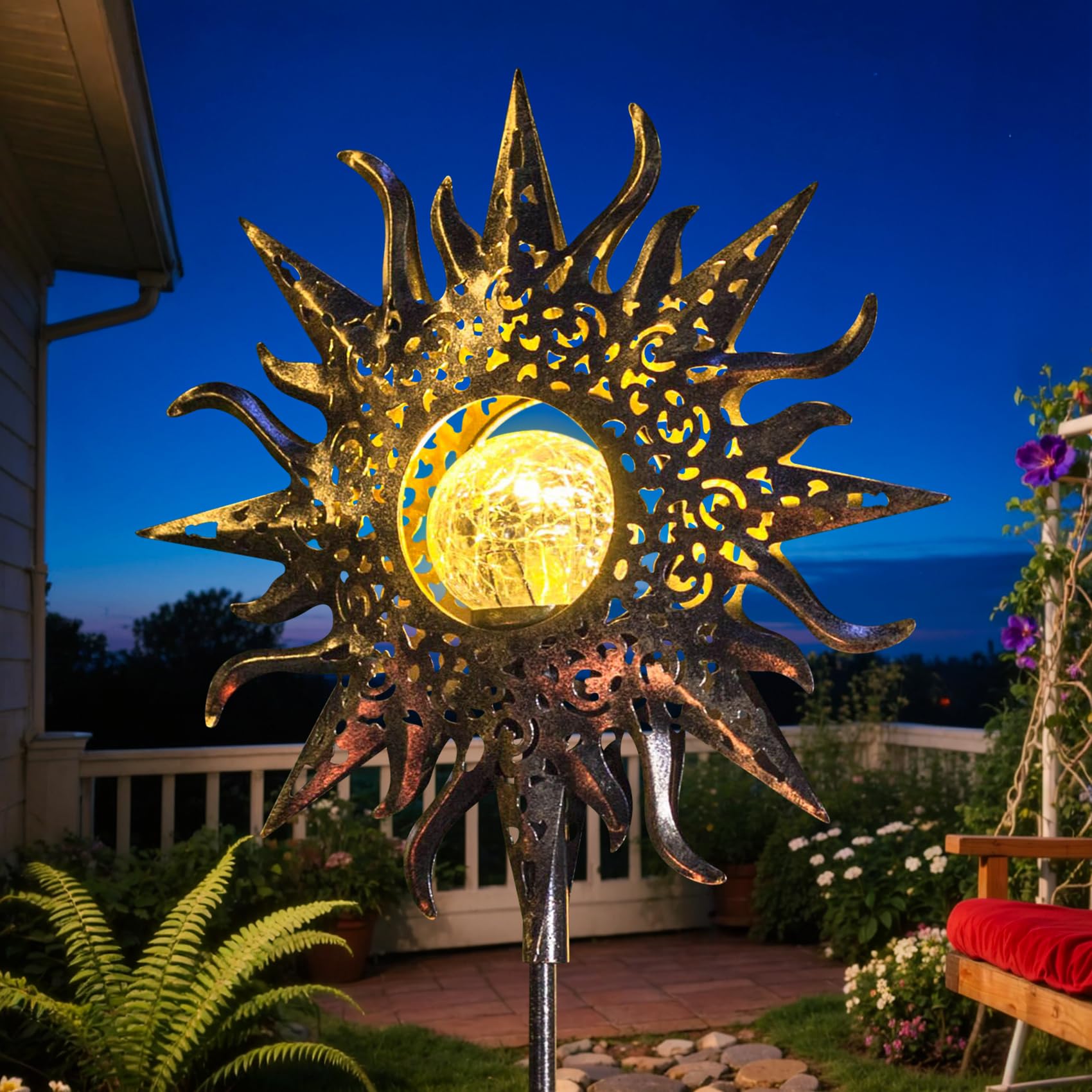 HOMEIMPRO large sun solar garden light glows warmly along walkways for evening ambiance.