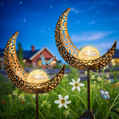 Homeimpro moon garden solar stake bronze with crackle glass for romantic outdoor lighting.