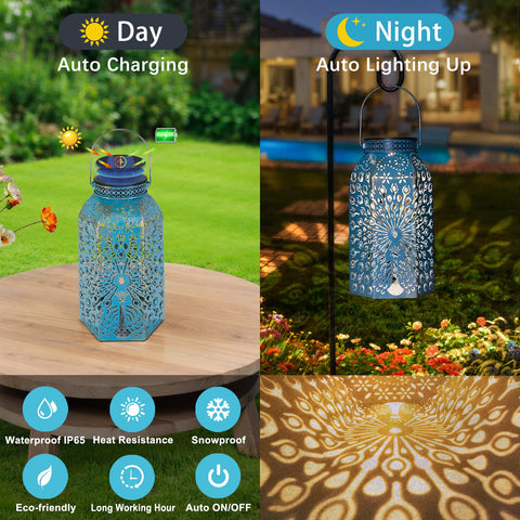 HOMEIMPRO Peacock Lantern blue gold table light for cozy outdoor dinners.