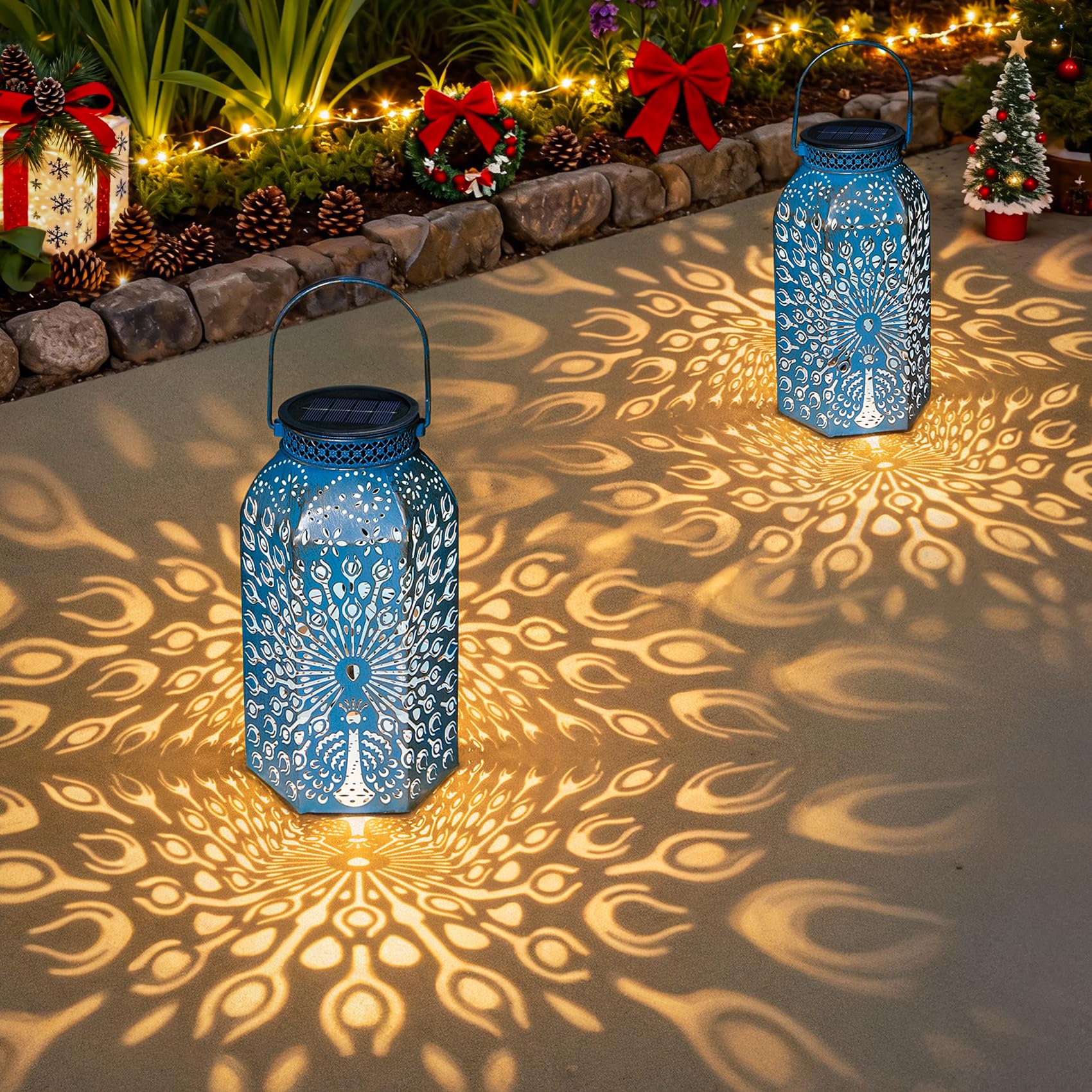 HOMEIMPRO Peacock Lantern blue gold 10-hour illumination after daytime charging.