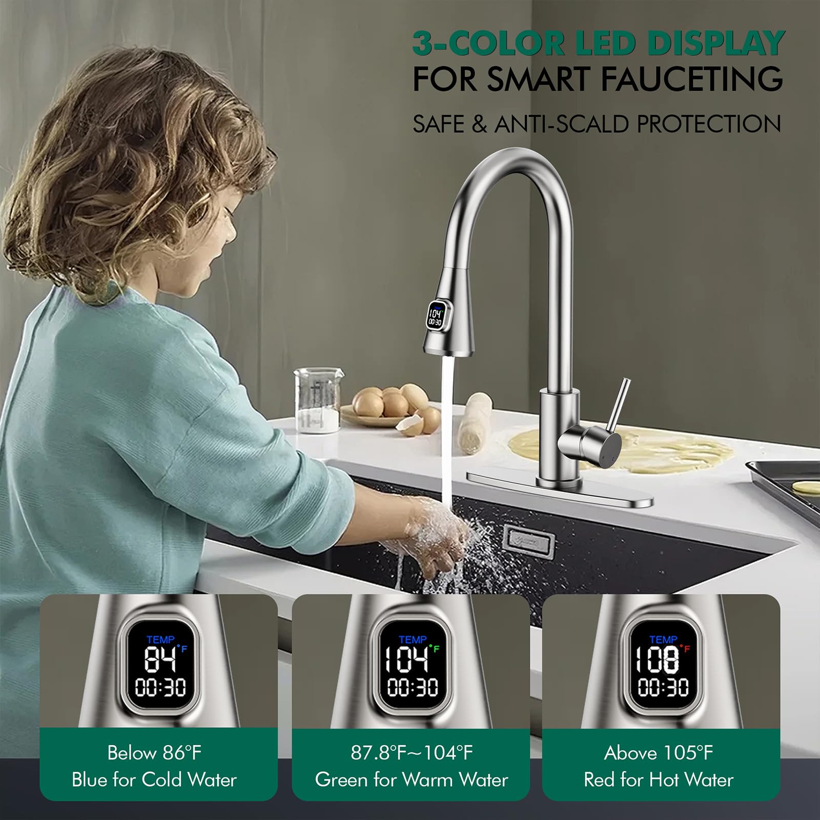 HOMELODY pull-down sprayer in action for thorough sink cleaning and filling pots.