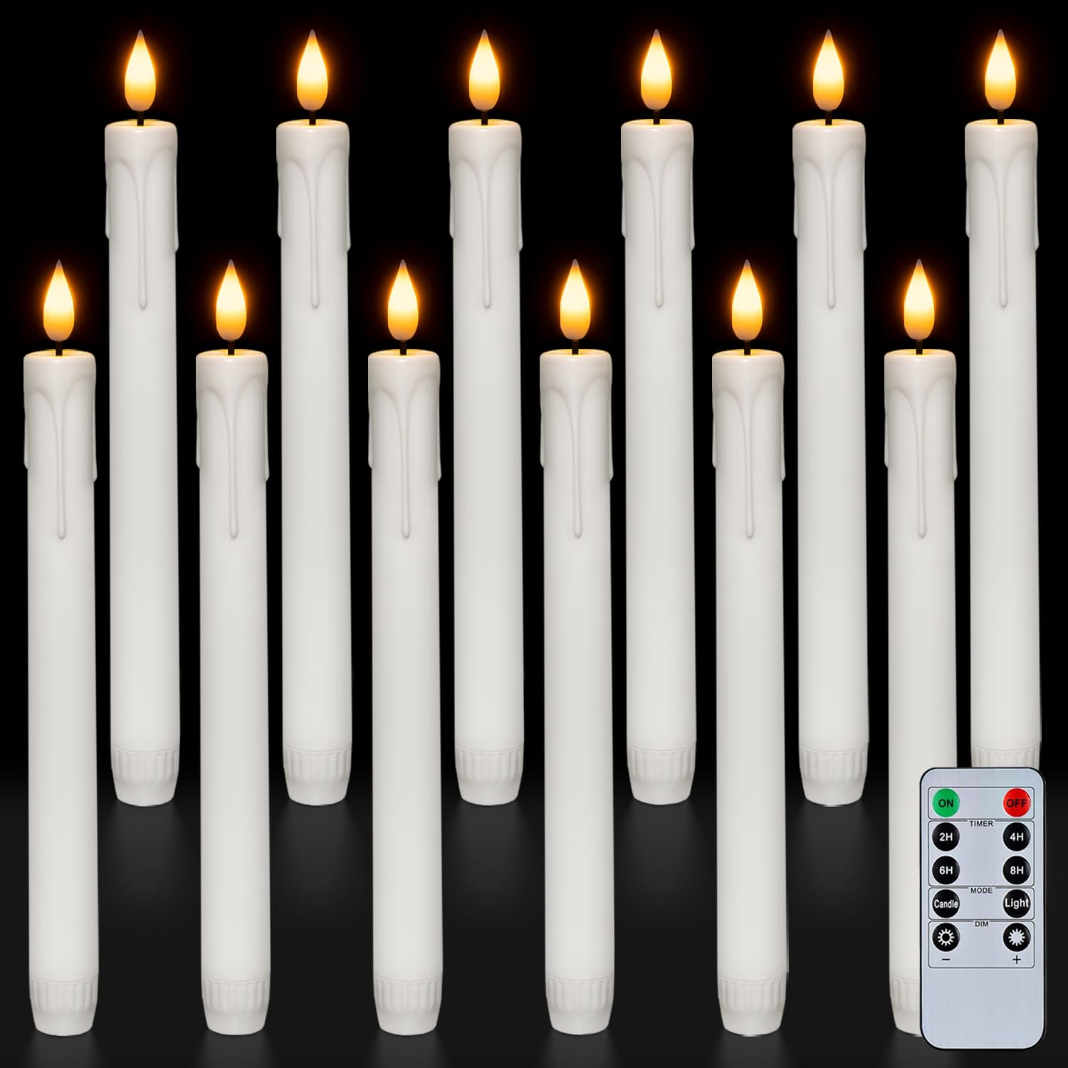 Homemory 12-pack flameless taper candles packaging for quick setup and safe ambiance.