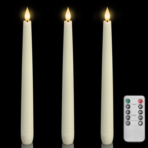 Homemory 3-pcs ivory waxy flameless taper candles add warm ambiance.