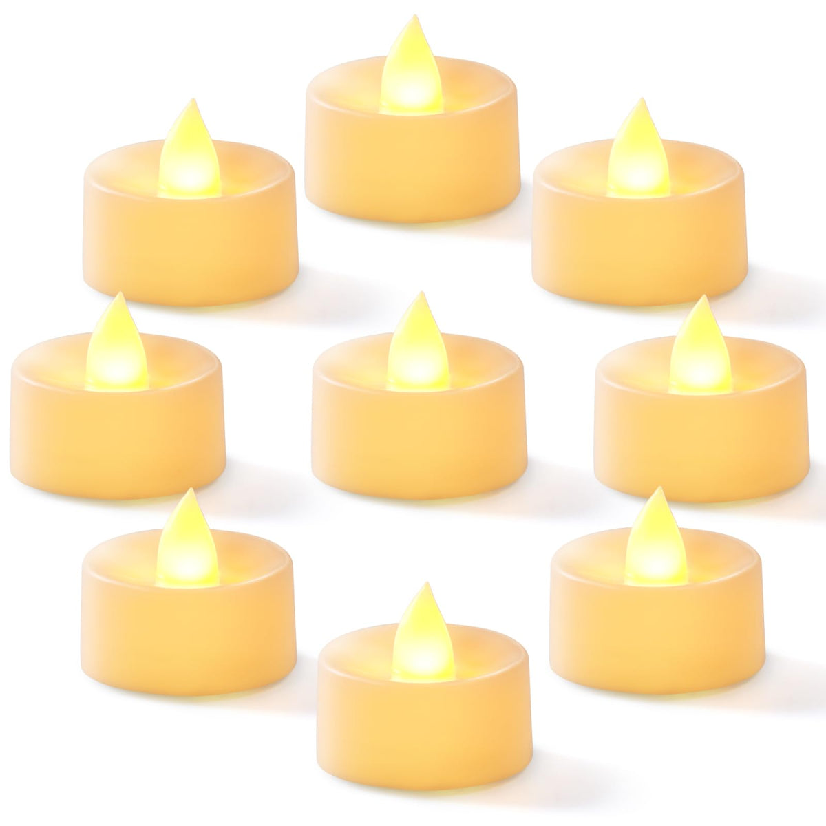 Homemory 50-pack flameless LED tea lights illuminate centerpieces safely.
