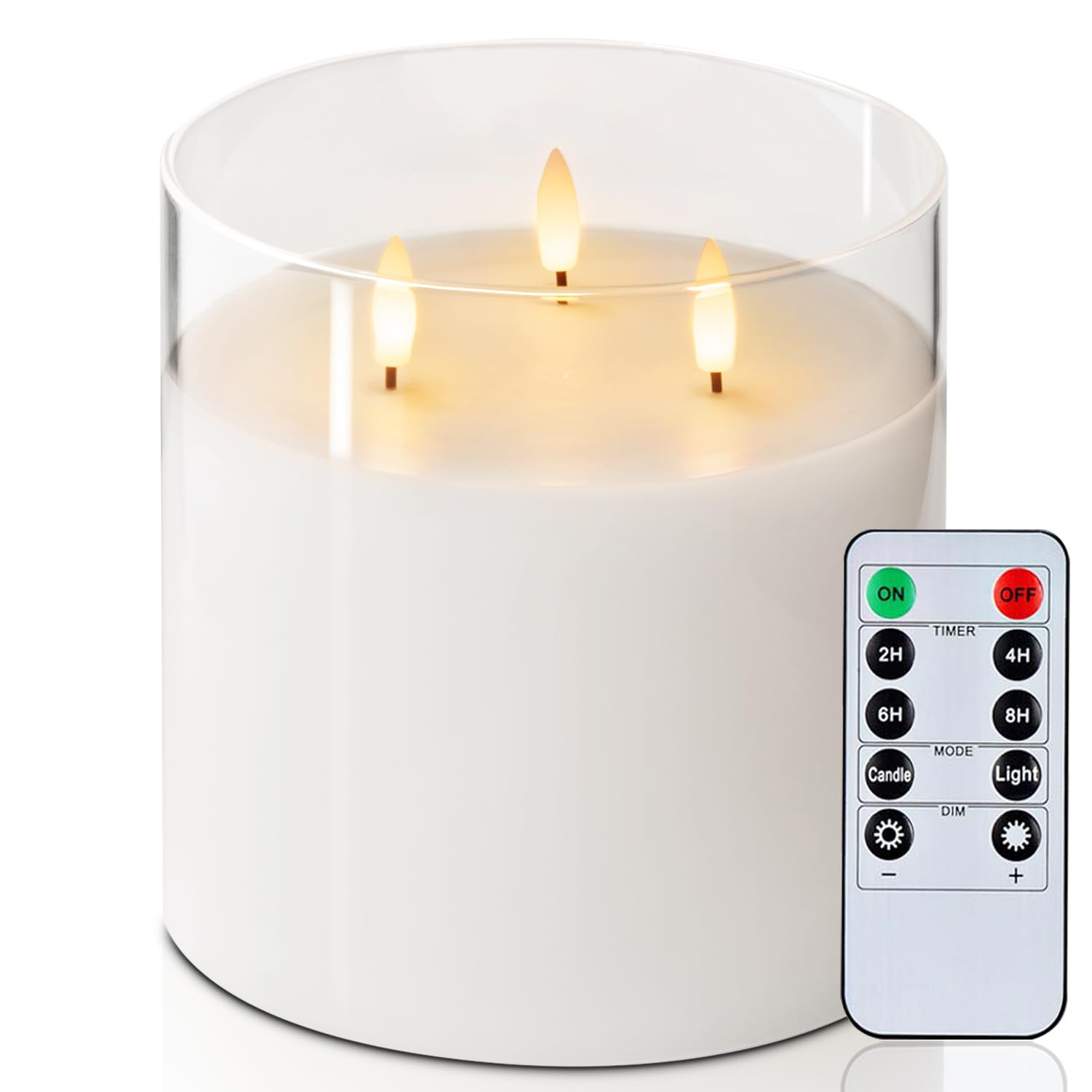 Homemory 6x6 extra-large flameless candle with glass shell and three wicks for cozy ambiance.