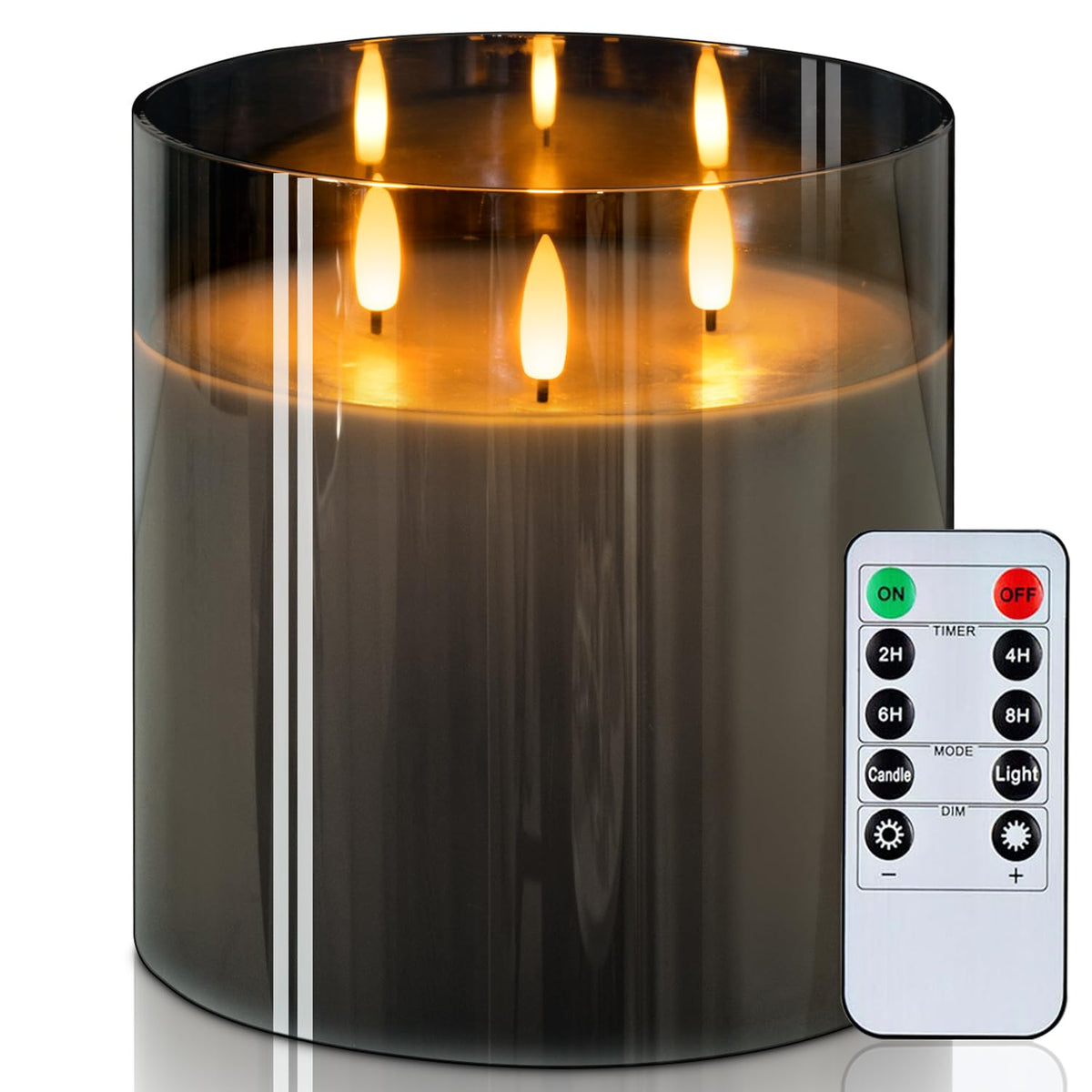 Homemory 6x6 grey glass flameless candle front view with three wicks for cozy ambiance