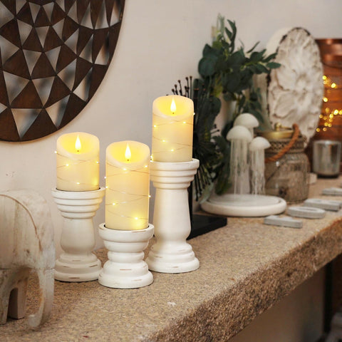 Homemory powered by two AA batteries, each candle runs 500+ hours.