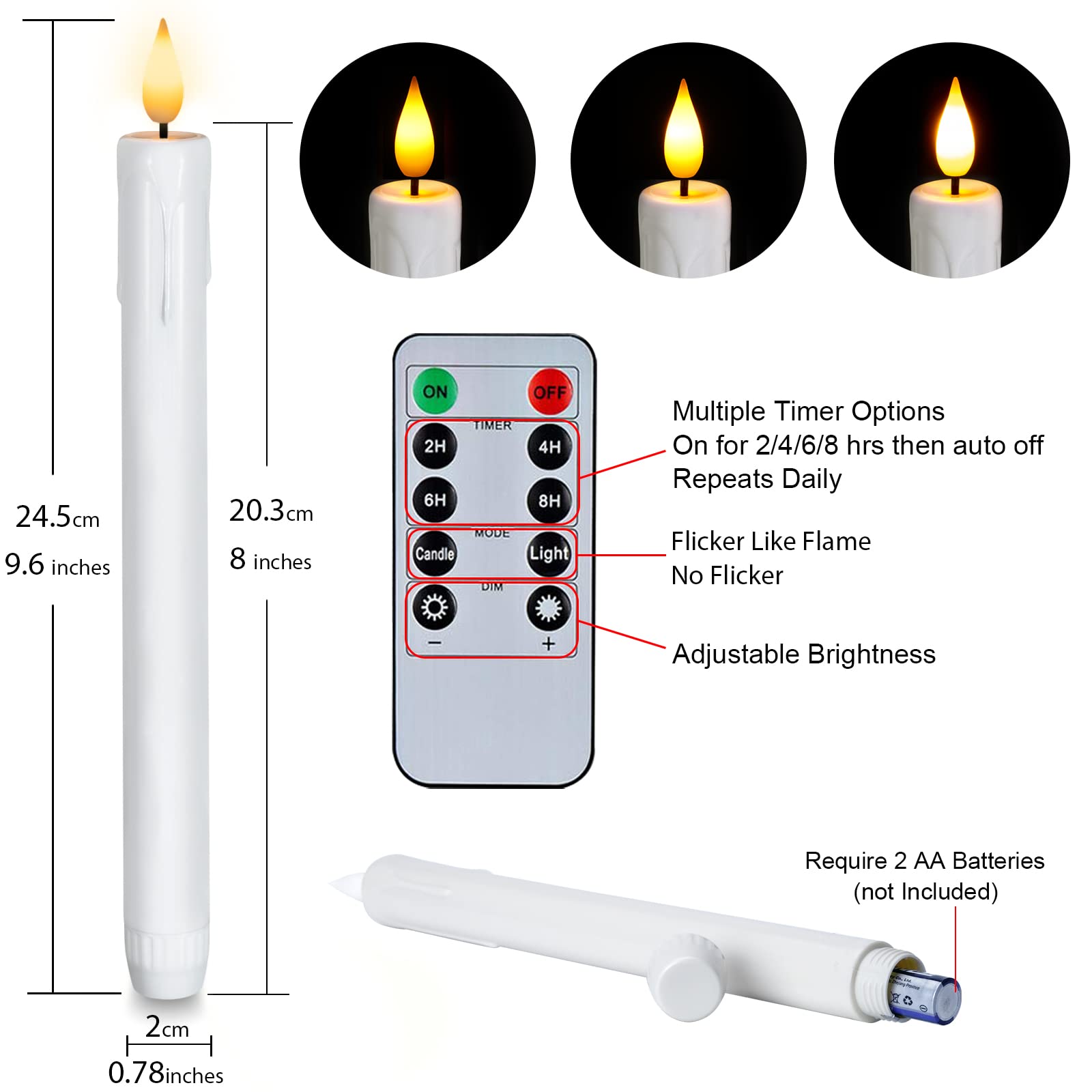 Homemory uses two AA batteries per candle for extended use and easy replacement.