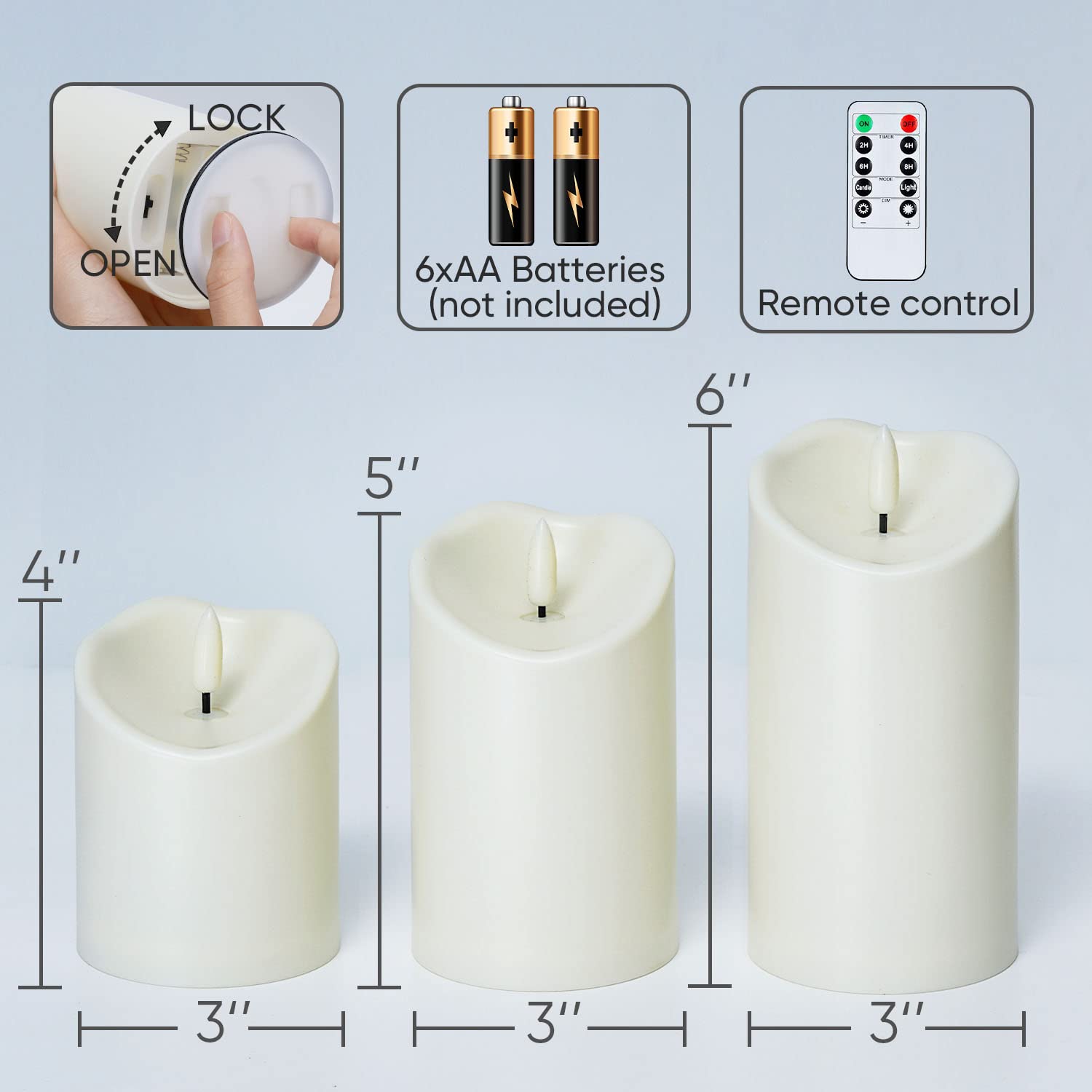 Homemory three candles plus remote and manual for simple setup.