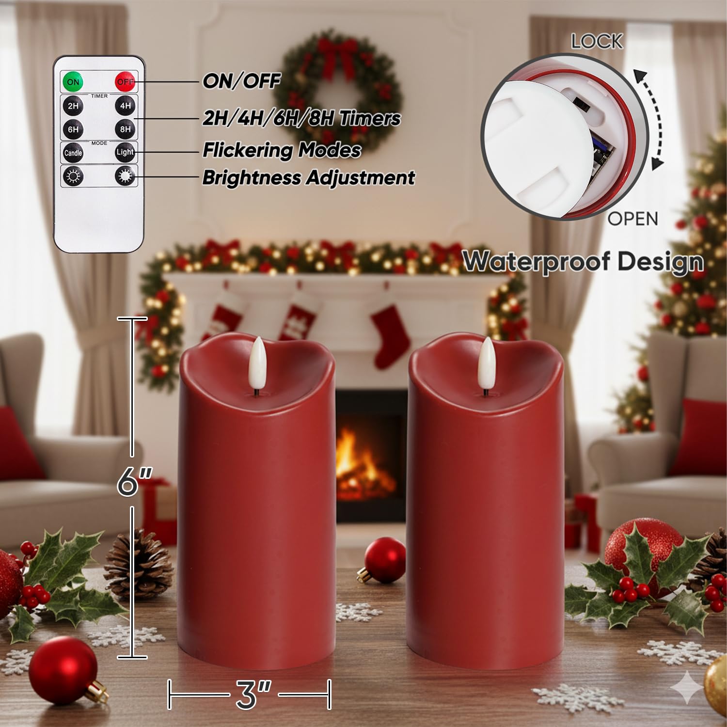Homemory burgundy flameless candles 3x6 size suitable for mantels and tabletops.