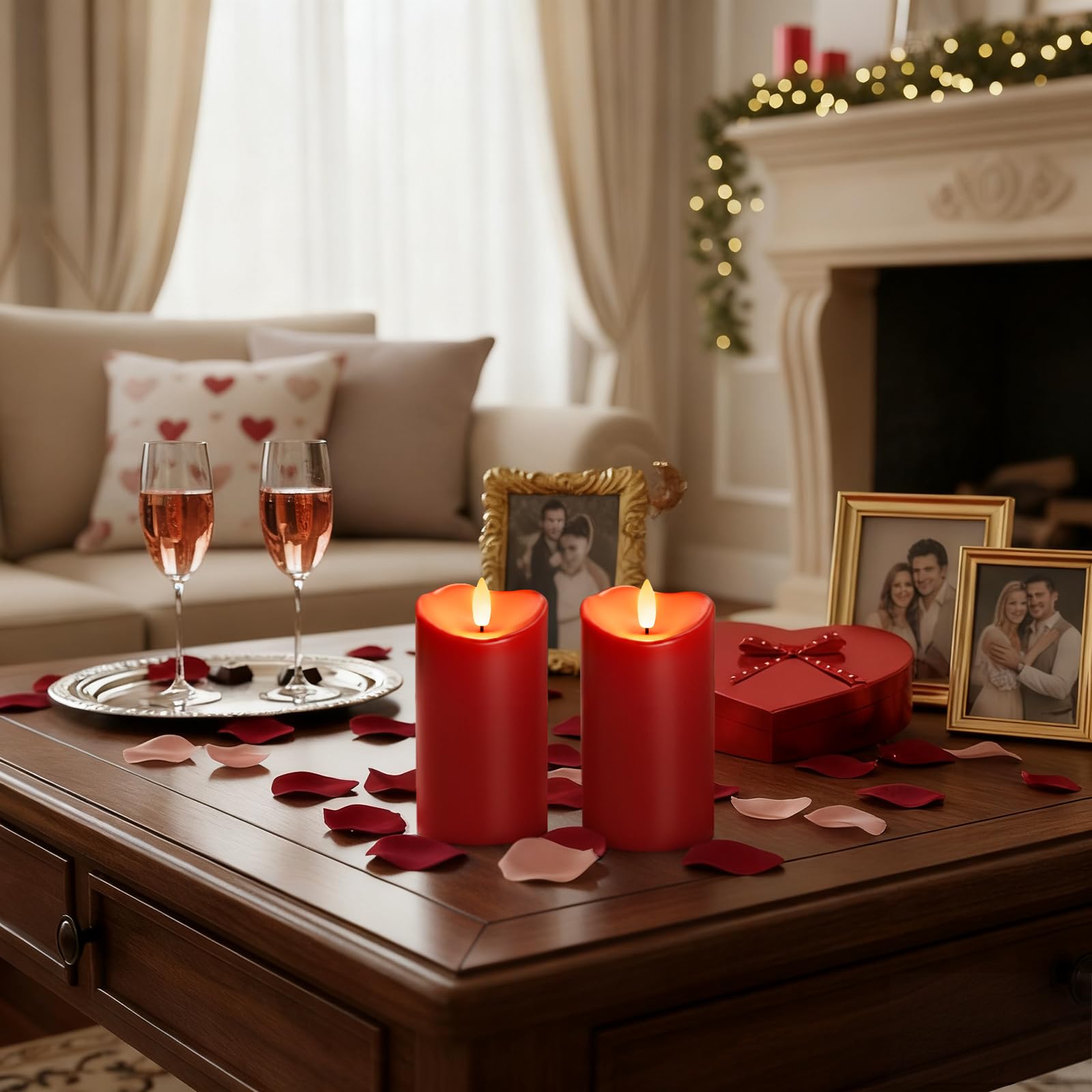 Homemory burgundy flameless candles include remote and manual for setup.