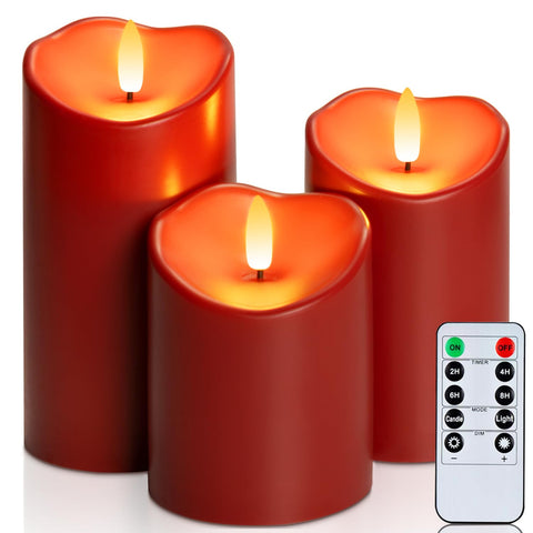 Homemory burgundy flameless candles outdoors with weatherproof glow.