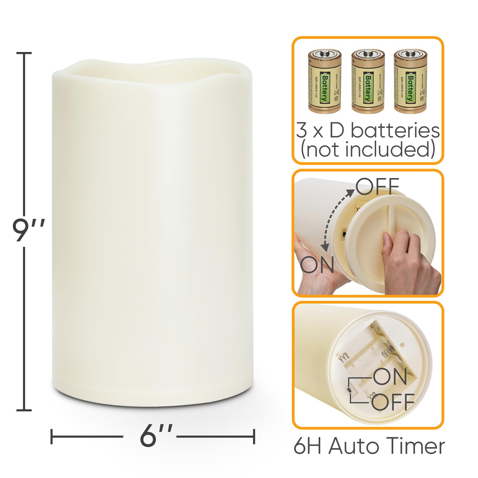 Homemory candle with 6-hour timer visible on switch.