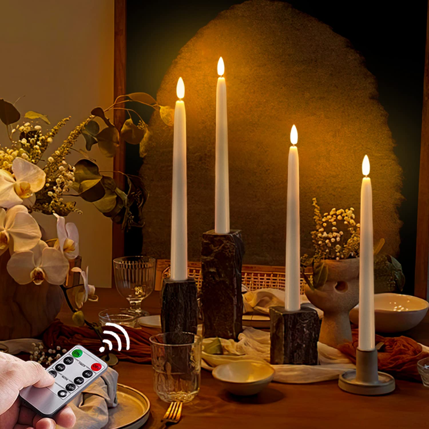 Homemory candles on dining table create warm ambiance without flame.