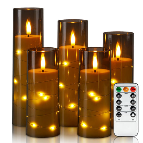 Homemory flameless candle with star string lights for warm ambiance.