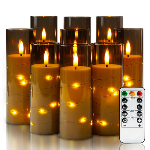 Homemory flameless candles with embedded star lights create a warm ambiance.