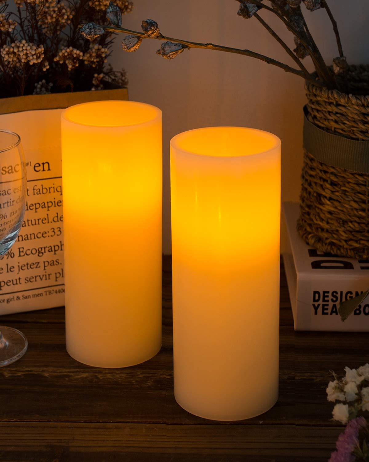 Homemory flat-top 9-inch LED candle enhances modern table decor.