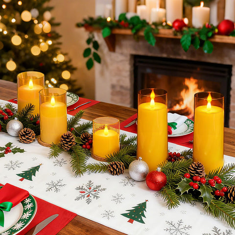 Homemory five-piece gold flameless candles with varied heights for layered decor.