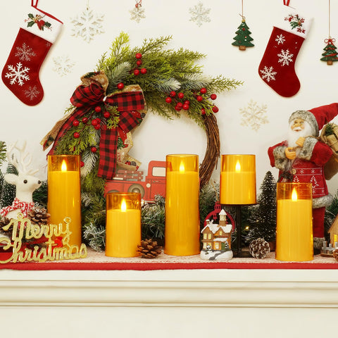 Homemory gold flameless candles on dining table create cozy ambiance.