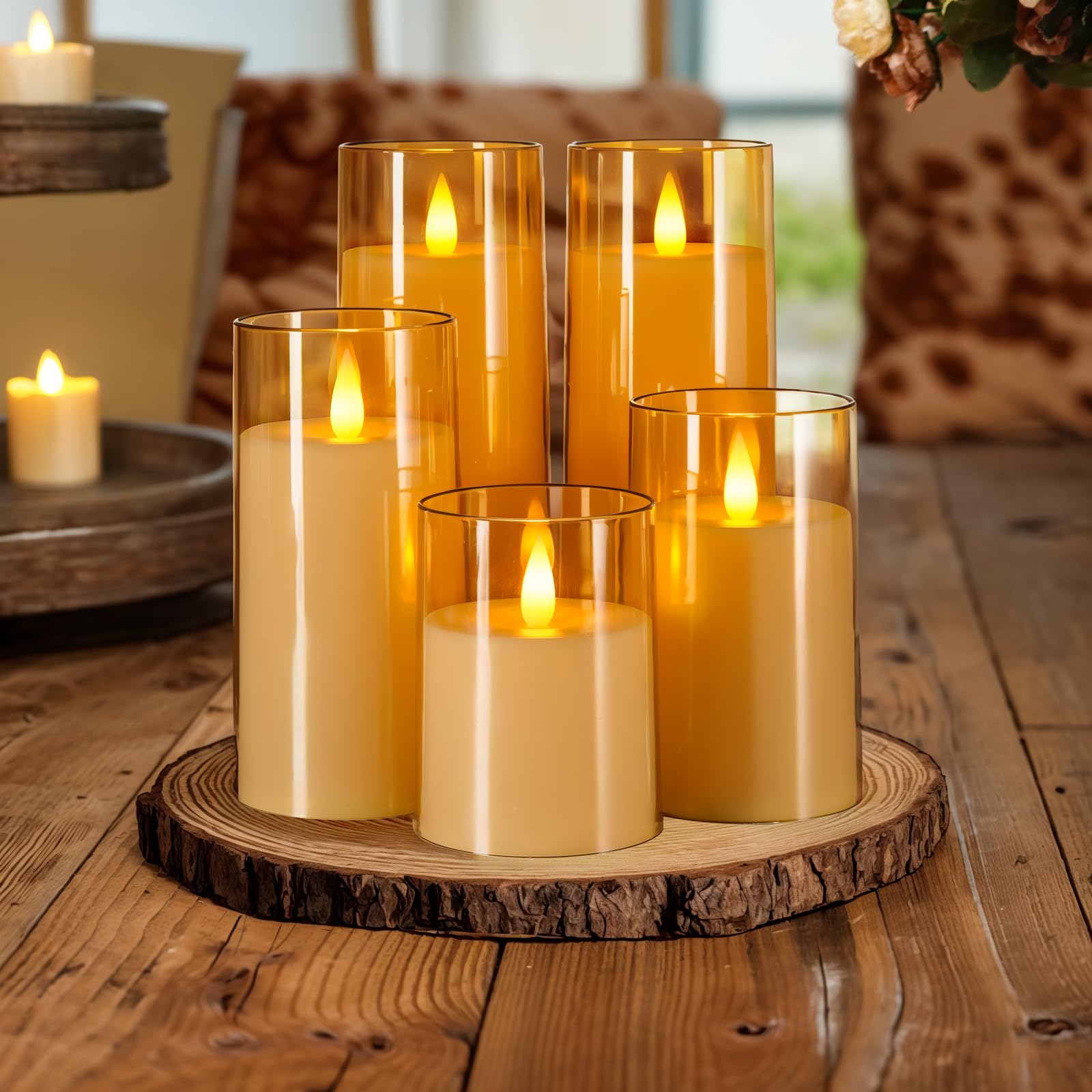 Homemory gold flameless candles on fireplace mantel for mood lighting.