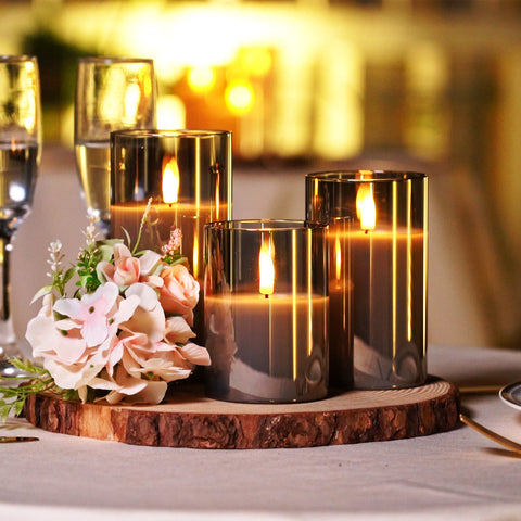 Homemory grey glass flameless candle with a 3D bulb for authentic glow.