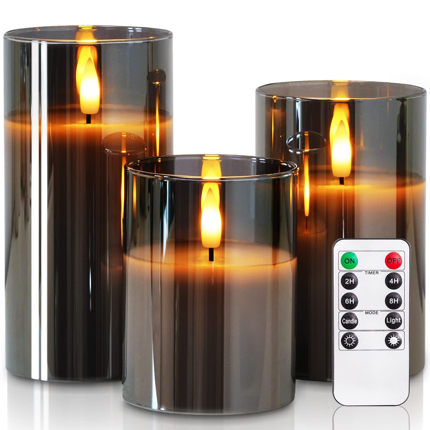 Homemory grey glass flameless candle with remote control for easy ambiance setup.