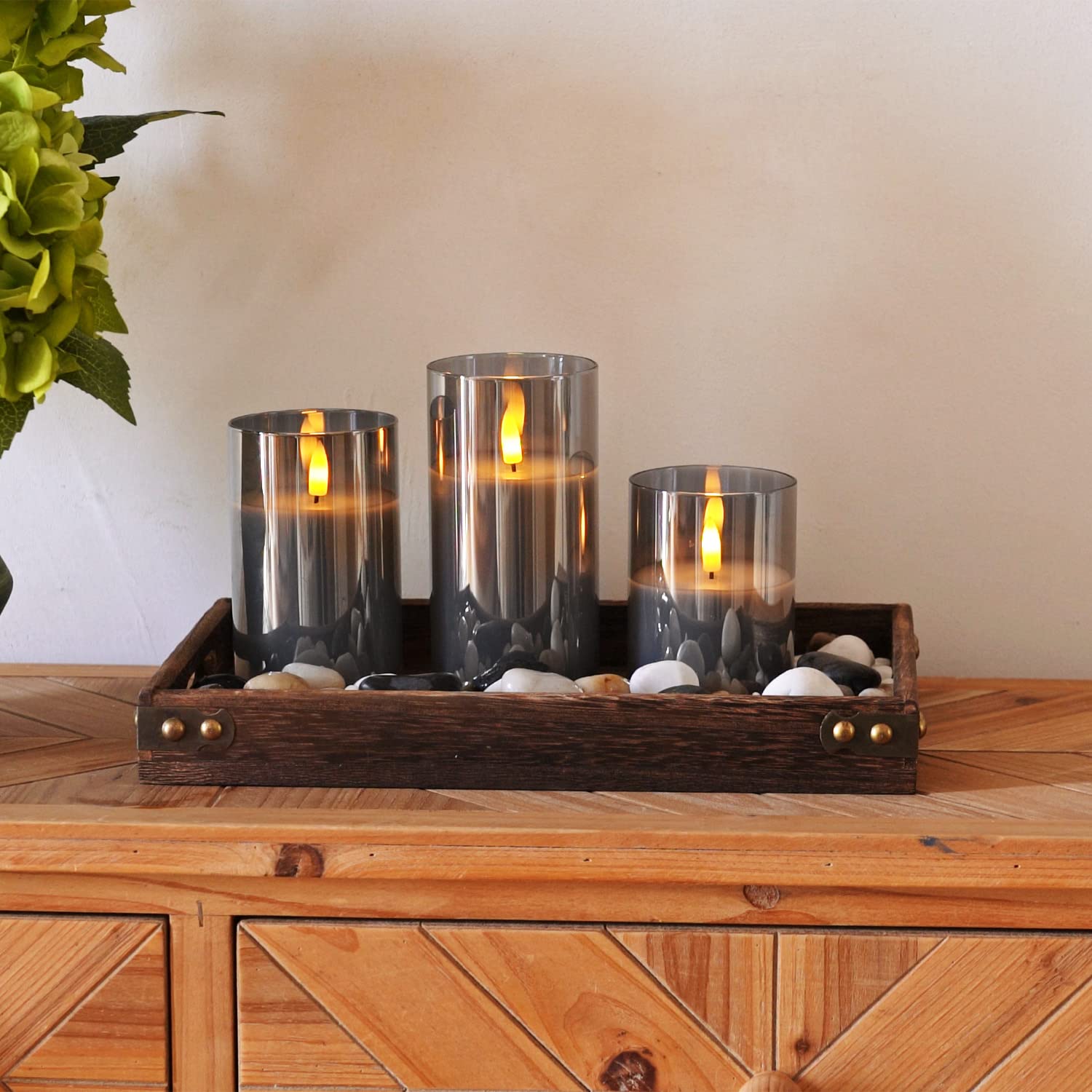 Homemory grey glass flameless candle highlights kid- and pet-friendly decor.
