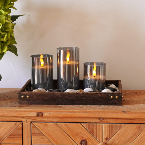 Homemory grey glass flameless candle highlights kid- and pet-friendly decor.