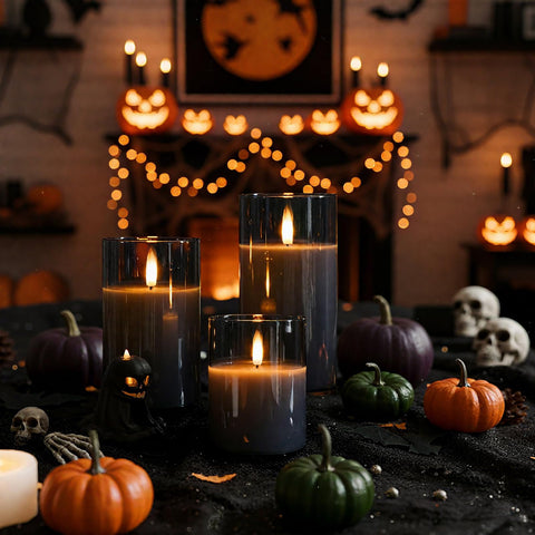 Homemory grey glass flameless candle showing timer function for daily use.