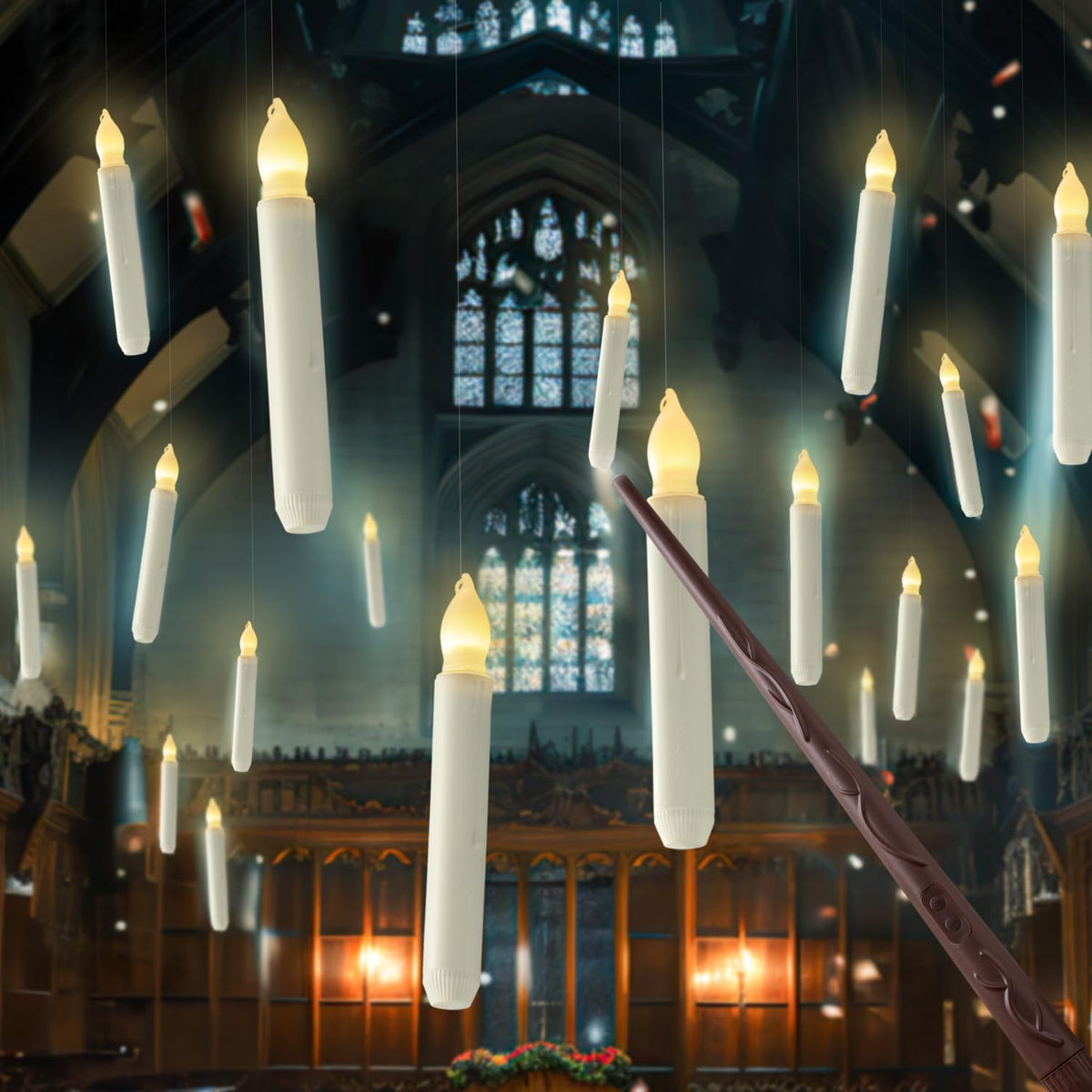 Homemory hanging floating candles with wand remote setup for ambient ceiling decor.