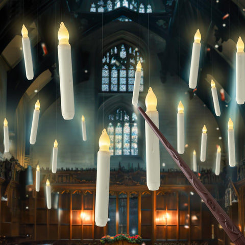 Homemory hanging floating candles with wand remote setup for ambient ceiling decor.
